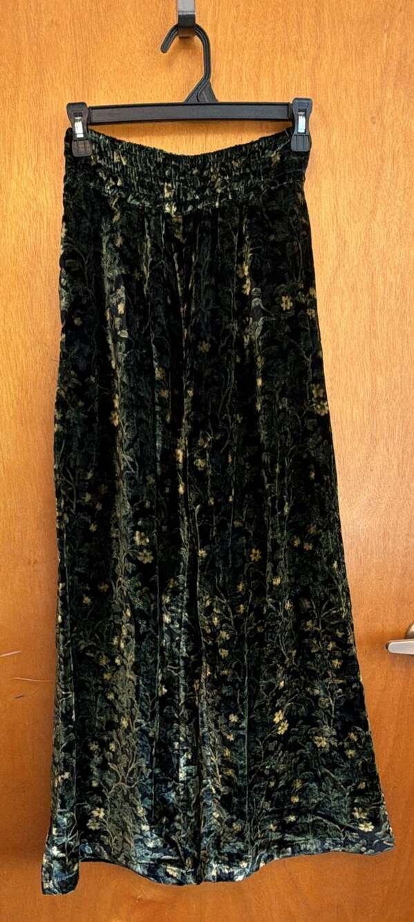 Anthropologie Velvet Pants Size XXS Green Floral Wide Leg